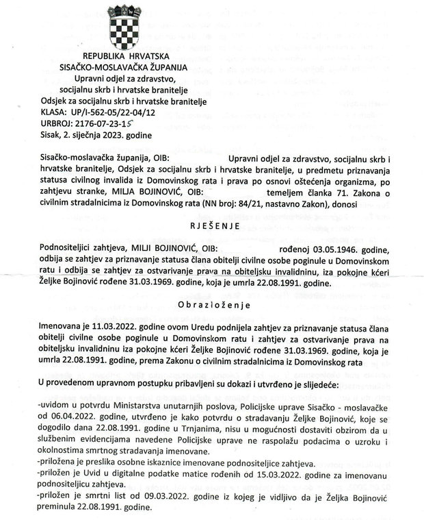 Prvostupanjsko rješenje kojim je odbijen zahtjev Milje Bojinović