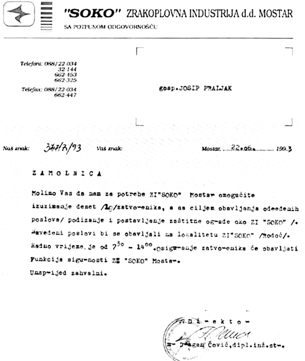 Zatvorenici kao radna snaga u Sokolu – Čovićeva "zamolnica" iz 1993.