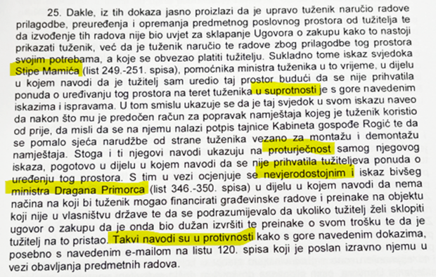 Dio presude Visokog trgovačkog suda u kojem je Primorčev iskaz ocijenjen kao "nevjerodostojan"
