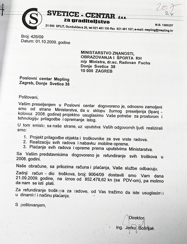 Dopis direktora Svetice-centra Jerka Bošnjaka ministru Fuchsu od 1. 10. 2009.