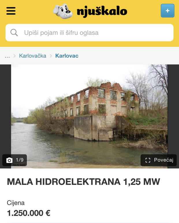 Mala hidroelektrana prodaje se na Njuškalu